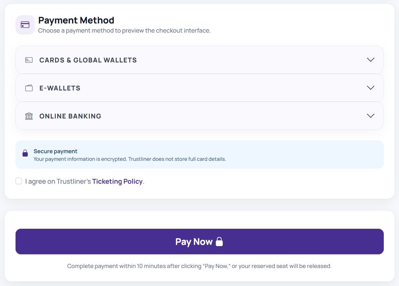 Payment options and Pay Now button