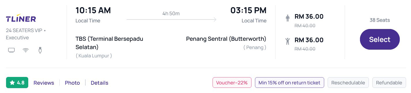 Bus schedule results with the Select Seats option