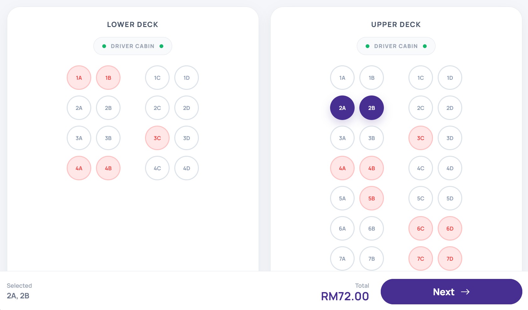 Bus seat selection screen
